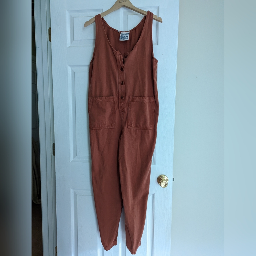 Jungmaven Hemp Button Front Romper in Terra Cotta size Medium